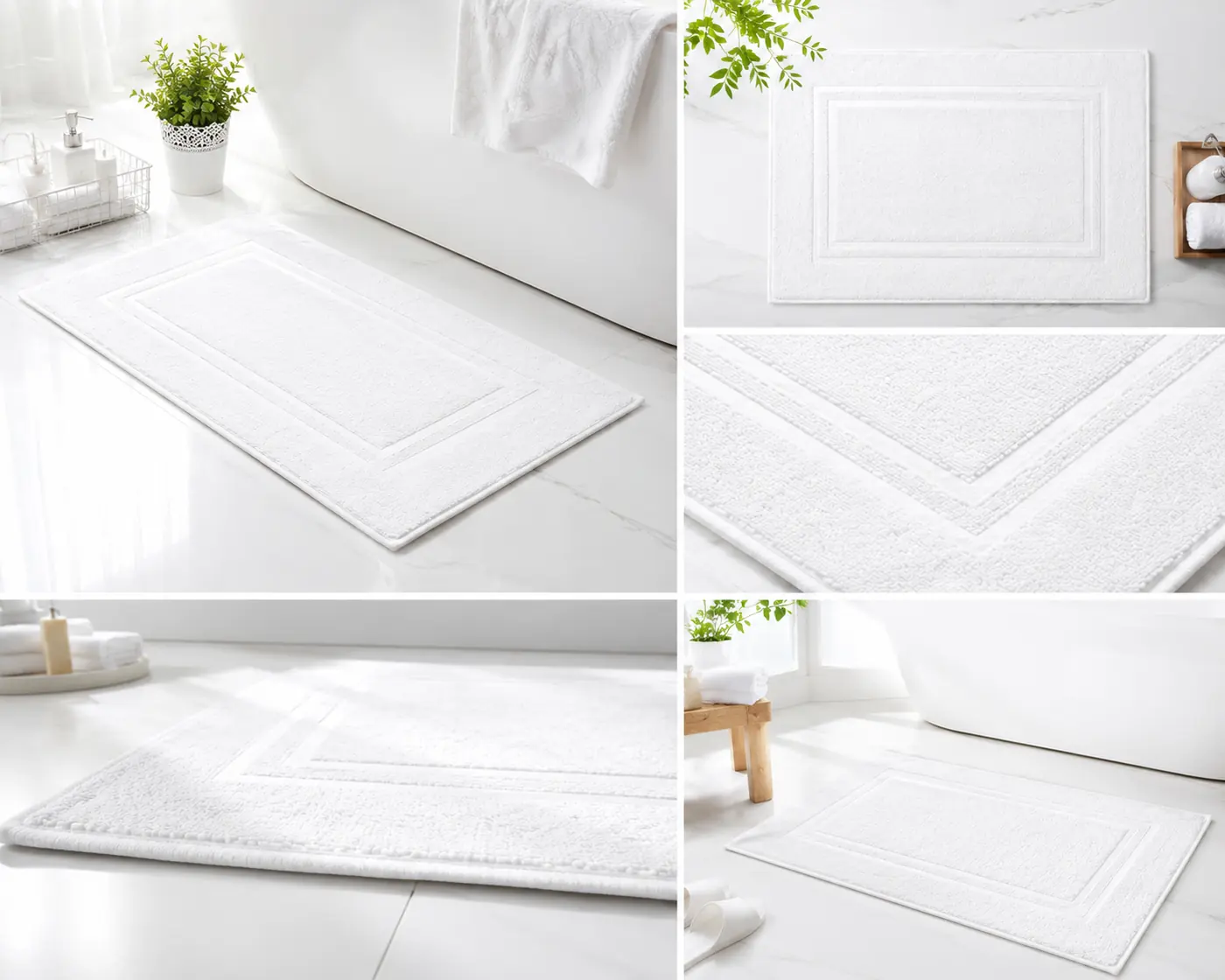 White cotton bath mat with a woven double border